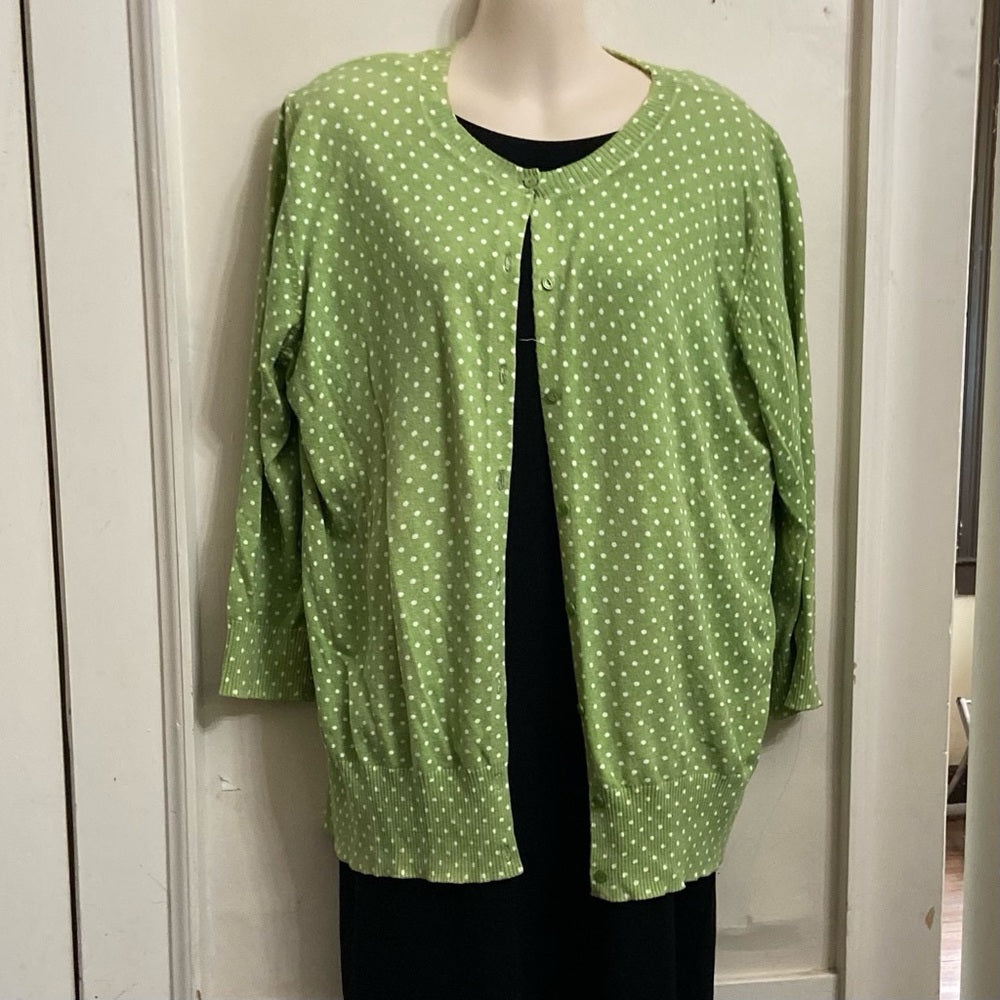 Cherokee Apple Green and White Polka Dot Sweater Cardigan (L)