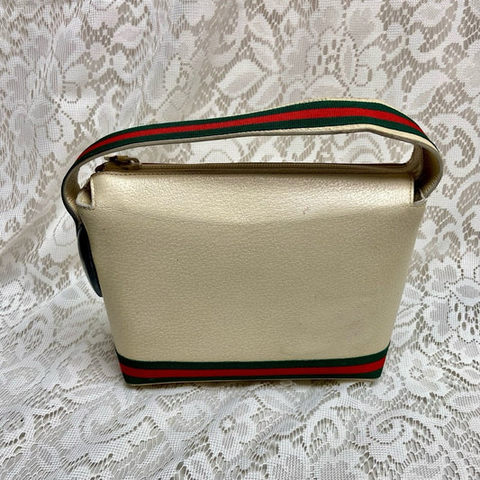 Vintage, Gucci, Small Cream Leather w/ Sherry Line Strap Handbag 9in x 6in x 3in