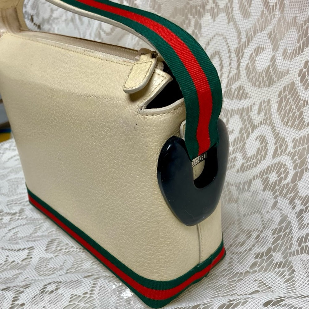 Vintage, Gucci, Small Cream Leather w/ Sherry Line Strap Handbag 9in x 6in x 3in