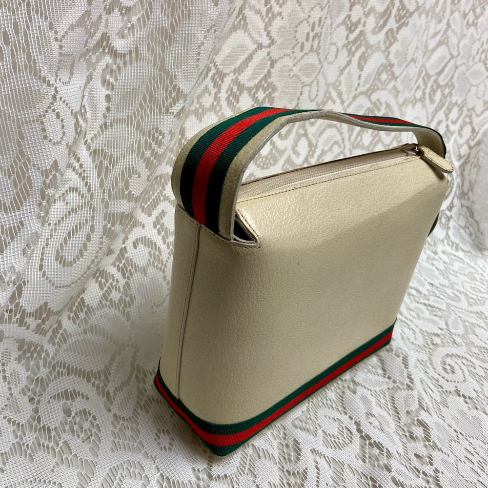 Vintage, Gucci, Small Cream Leather w/ Sherry Line Strap Handbag 9in x 6in x 3in