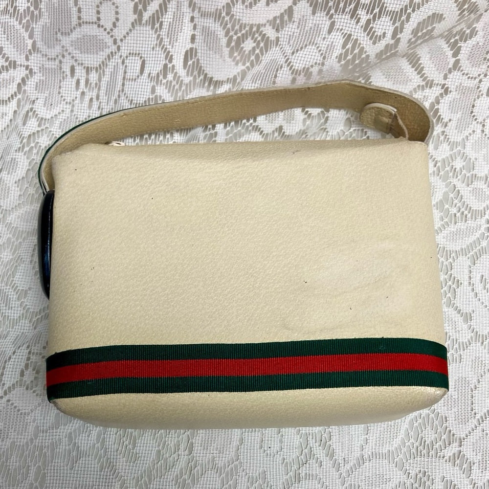 Vintage, Gucci, Small Cream Leather w/ Sherry Line Strap Handbag 9in x 6in x 3in