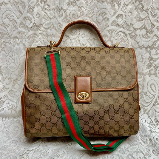 Vintage Gucci  Brown Coated Canvas Laptop Document -Briefcase Bag 12inx11inx5in