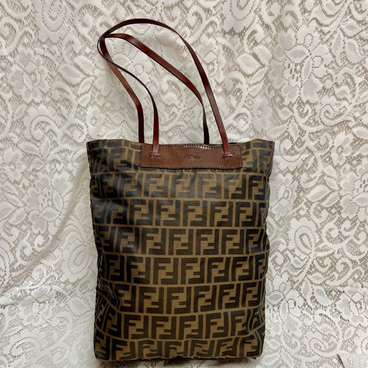 Vintage Fendi Zucca Brown Canvas Tote Hand Bag 14in x 13in x 4in