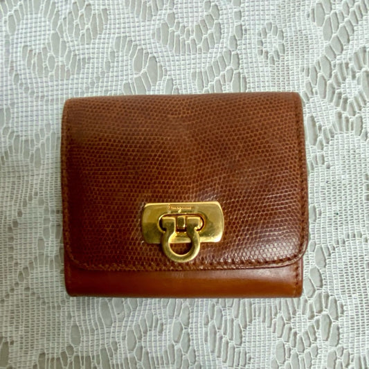 Vintage, Salvatore Ferragamo, Rare, Tan  Brown Reptile Wallet 3.5in x 3In
