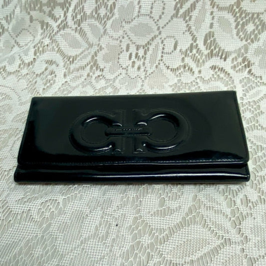 Vintage, Salvatore Ferragamo Black Enamel, Bifold, Long Wallet 7.5 x 4in