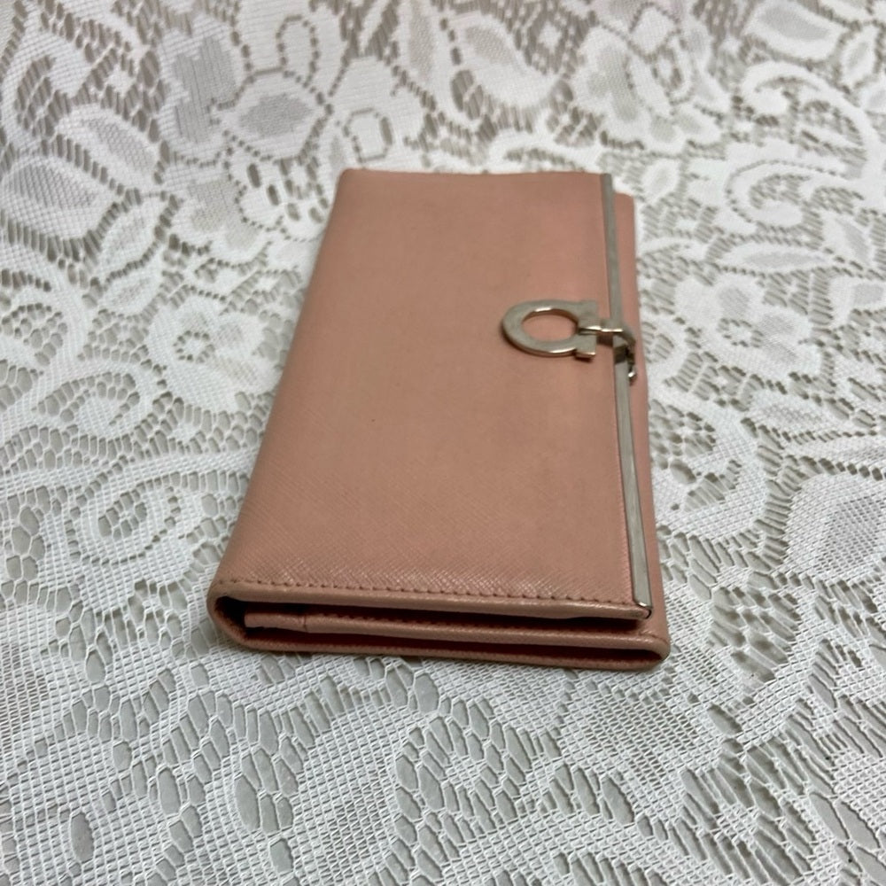 Vintage, Salvatore Ferragamo, Pink Leather, Bifold, Long Wallet 7.5 x 4in