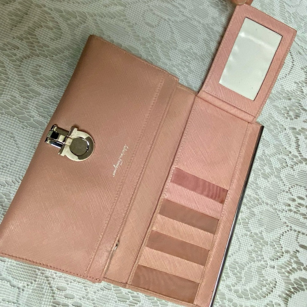 Vintage, Salvatore Ferragamo, Pink Leather, Bifold, Long Wallet 7.5 x 4in