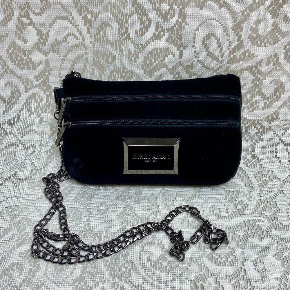 Giorgio Armani Black Velvet Pouch Wristlet- Crossbody 7.5in x 5in x 2in (M)