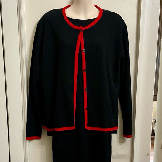 Karen Lesly Black with Red Trim Sweater Cardigan (XL)