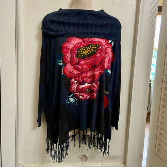 Desigual Gray Floral Sweater Cardigan with Fringes (M)