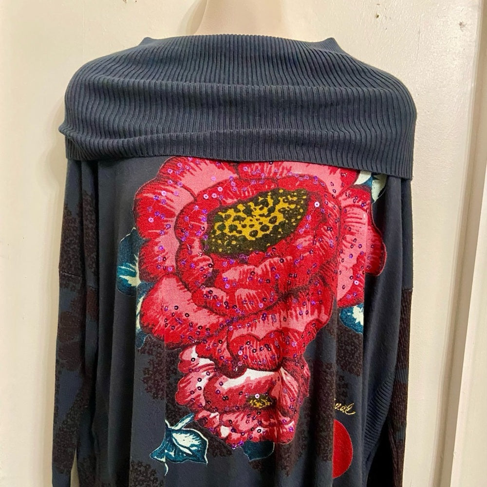Desigual Gray Floral Sweater Cardigan with Fringes (M)