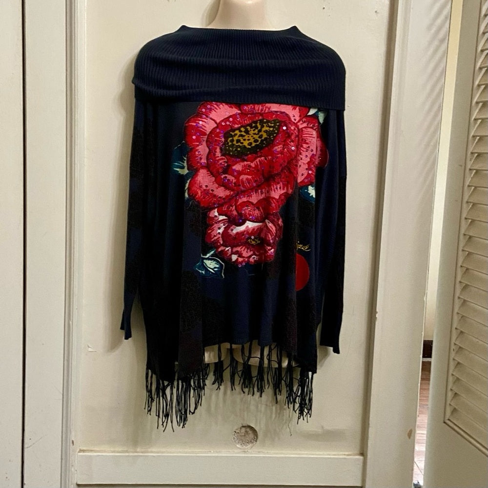 Desigual Gray Floral Sweater Cardigan with Fringes (M)