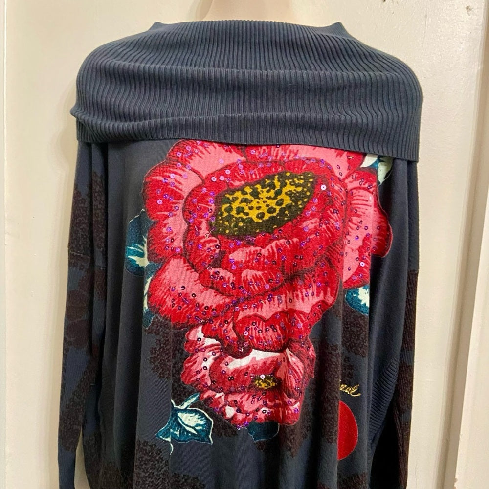 Desigual Gray Floral Sweater Cardigan with Fringes (M)