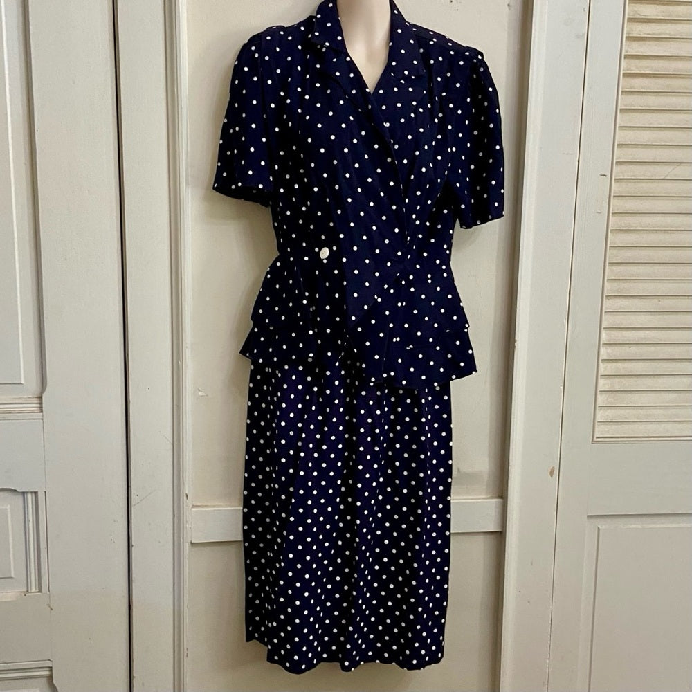 Vintage, Dani Michael’s Blue and White Polka Dot Printed Dress  Size L
