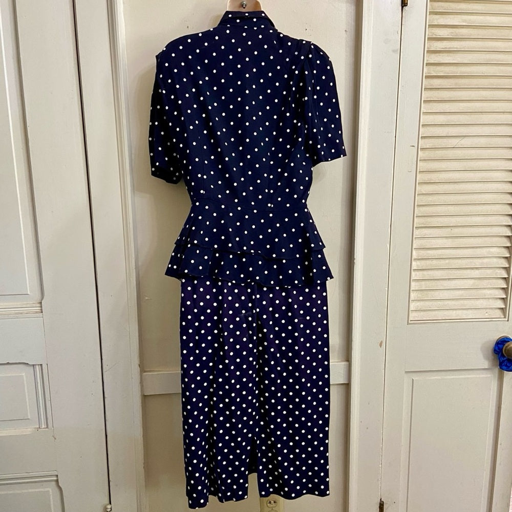 Vintage, Dani Michael’s Blue and White Polka Dot Printed Dress  Size L
