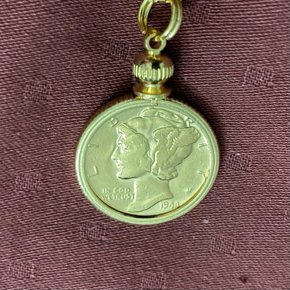 Authentic 1944 Silver Mercury Dime, Gold Plated with  18-inch Gold Filled Chain