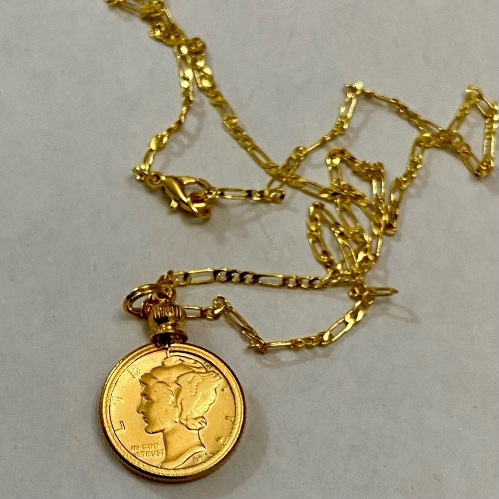 Authentic 1944 Silver Mercury Dime, Gold Plated with  18-inch Gold Filled Chain