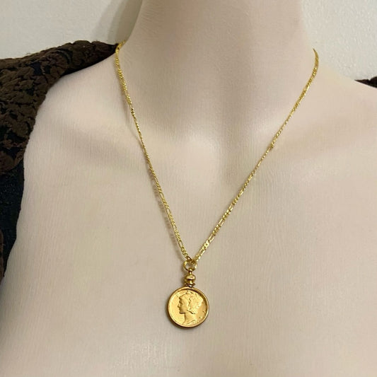 Authentic 1944 Silver Mercury Dime, Gold Plated with  18-inch Gold Filled Chain