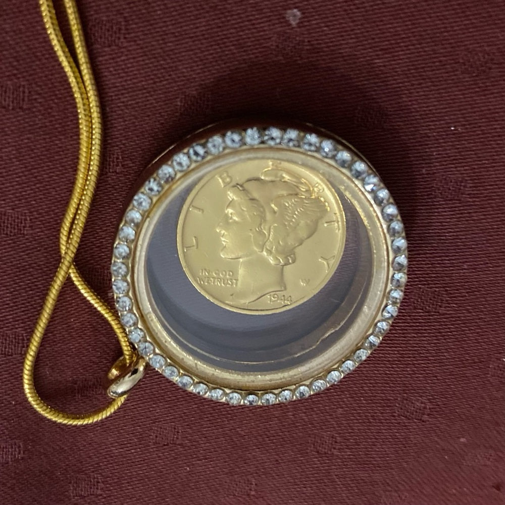 Authentic 1944 Silver (Vermeil) Mercury Dime, with  Locket and 18in Gold Chain