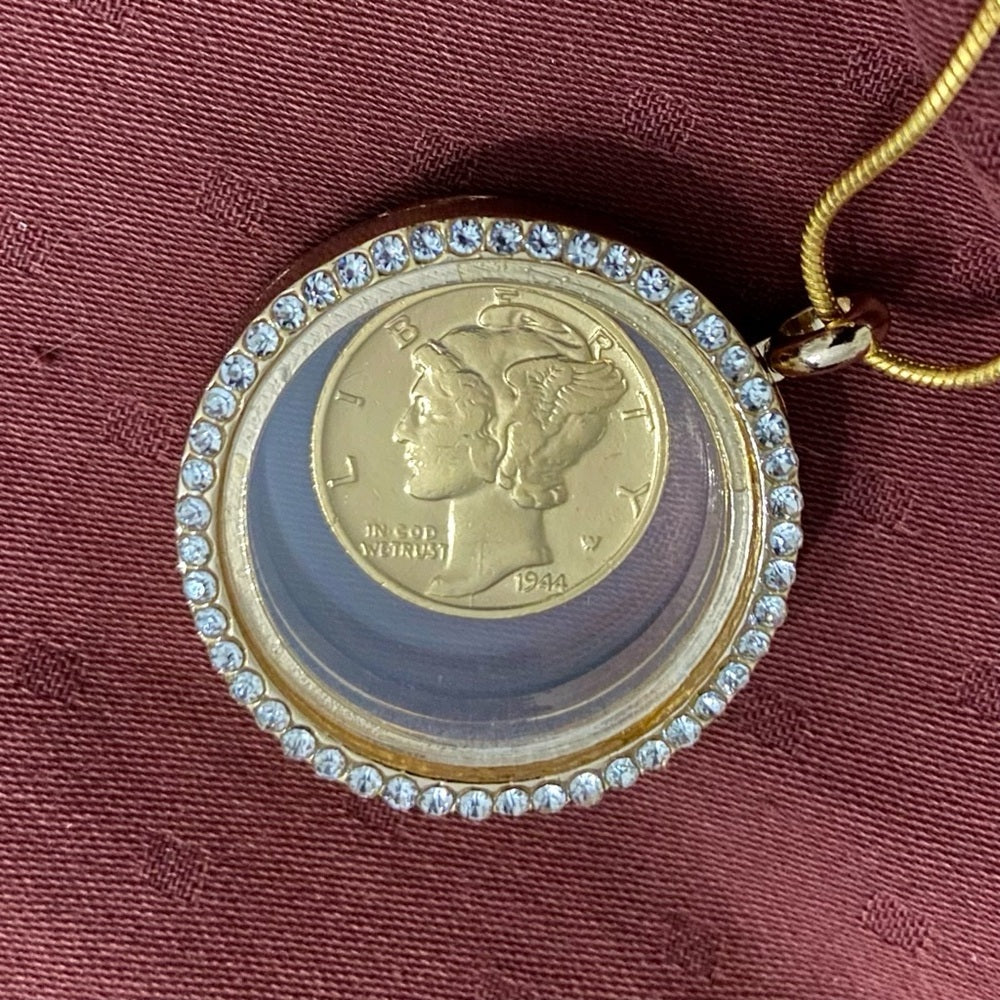 Authentic 1944 Silver (Vermeil) Mercury Dime, with  Locket and 18in Gold Chain