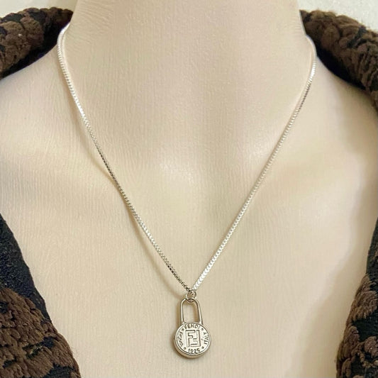 Fendi Small Size, Silver Tone Charm Pendant Necklace