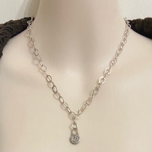Fendi Small Size, Silver Tone Charm Pendant Necklace