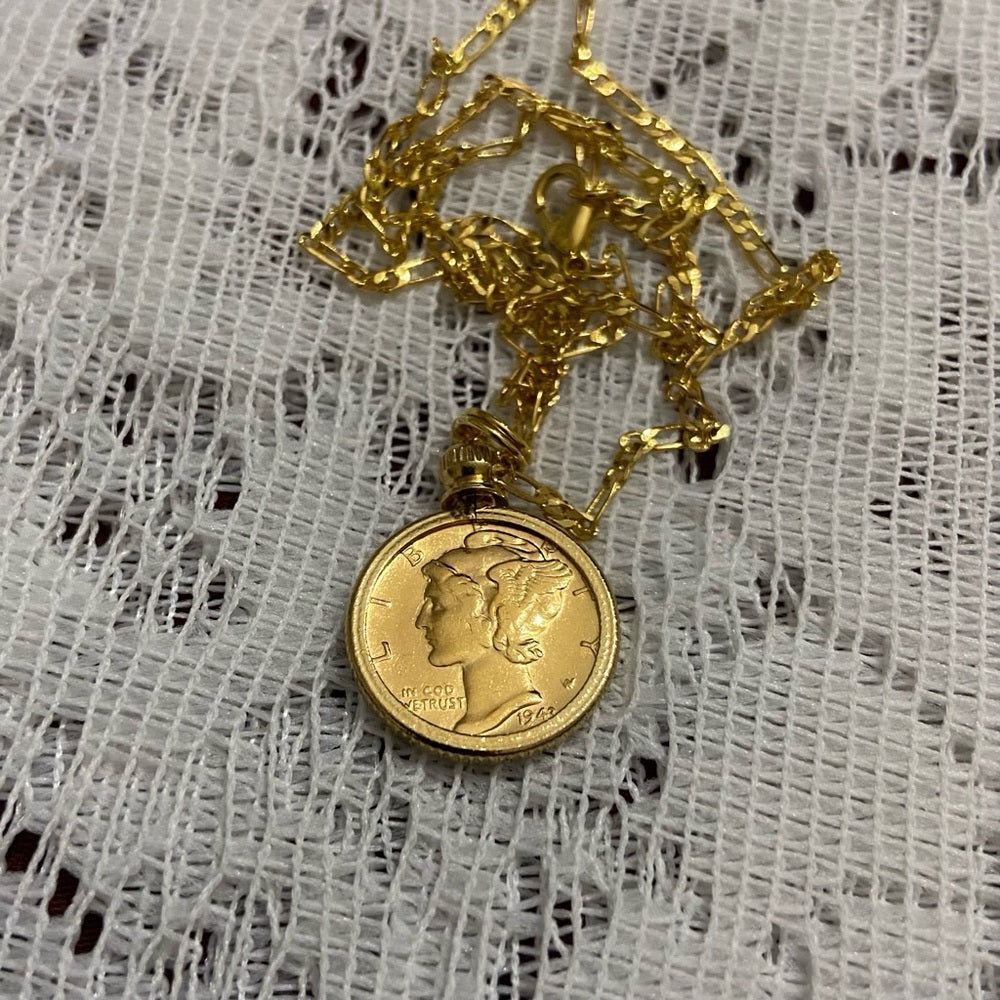 Authentic 1942 Silver Mercury Dime, Gold Plated with  18-inch Gold Fille…
