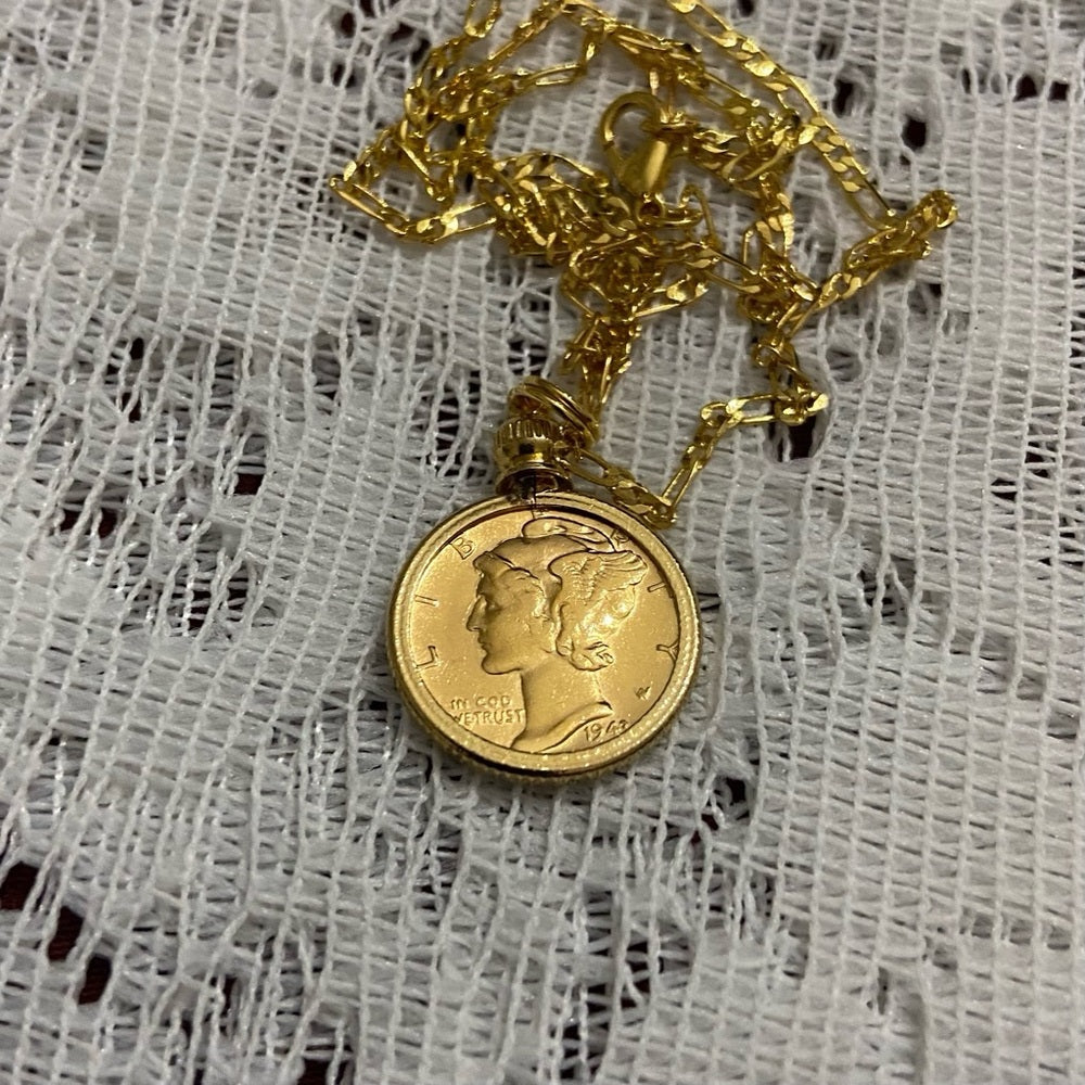 Authentic 1942 Silver Mercury Dime, Gold Plated with  18-inch Gold Fille…