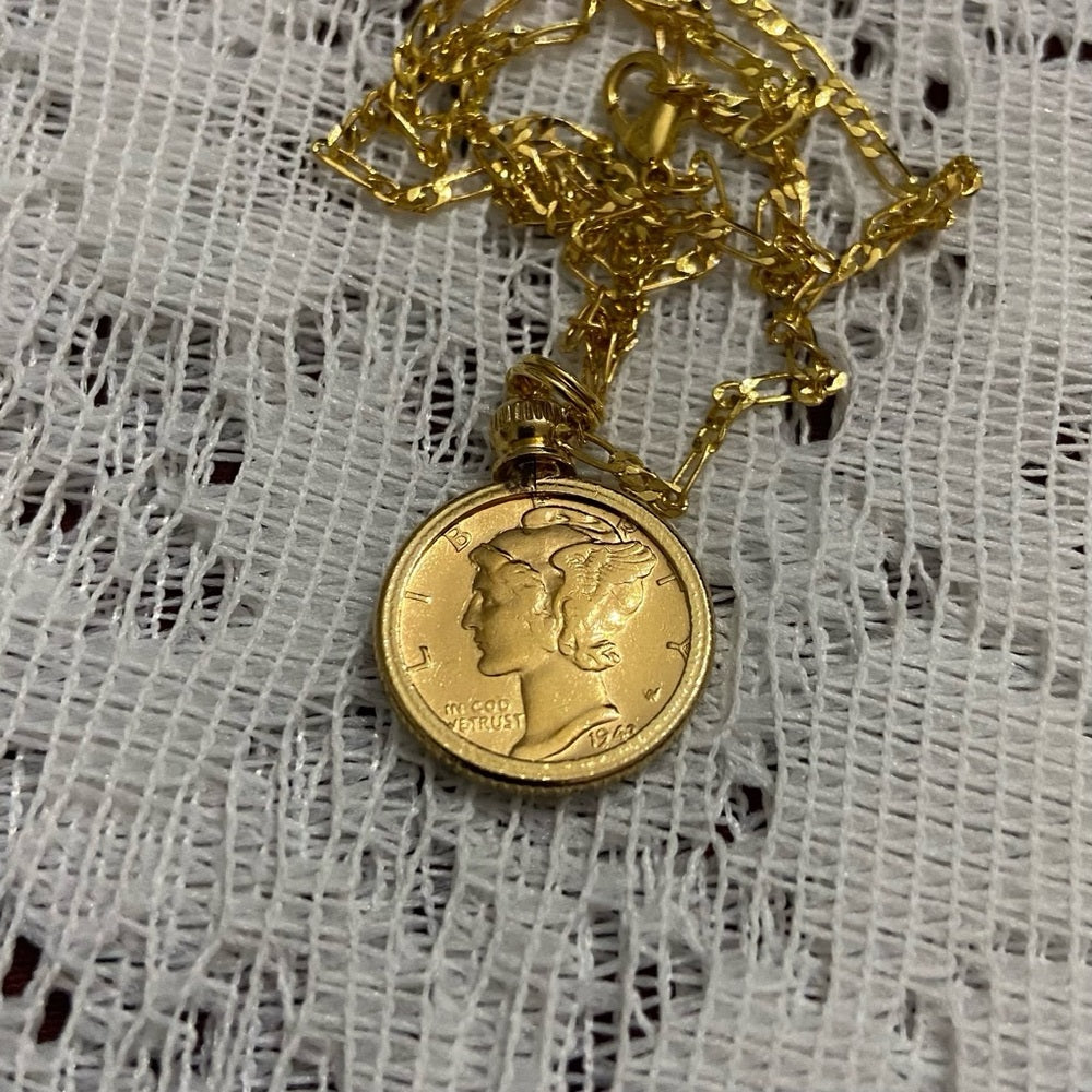 Authentic 1942 Silver Mercury Dime, Gold Plated with  18-inch Gold Fille…