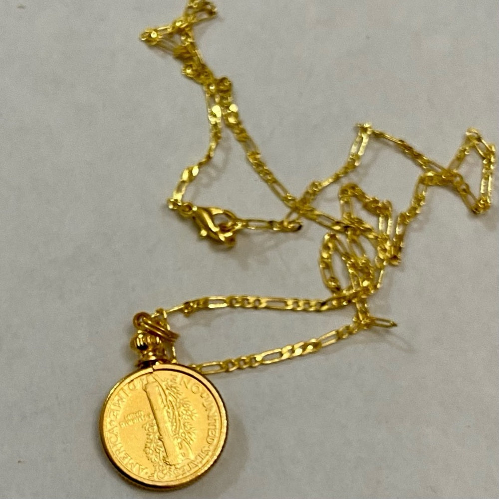 Authentic 1929 Silver Mercury Dime, Gold Plated with  18-inch Gold Fille…