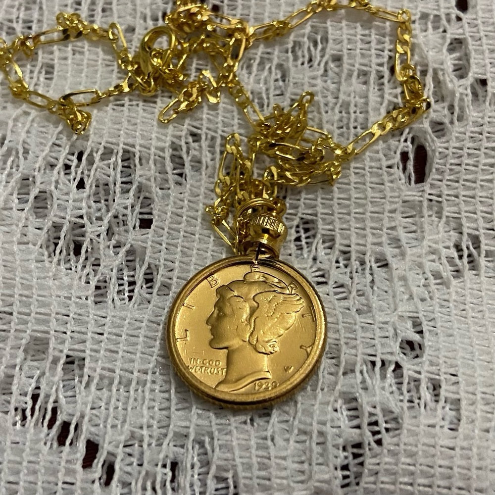 Authentic 1929 Silver Mercury Dime, Gold Plated with  18-inch Gold Fille…
