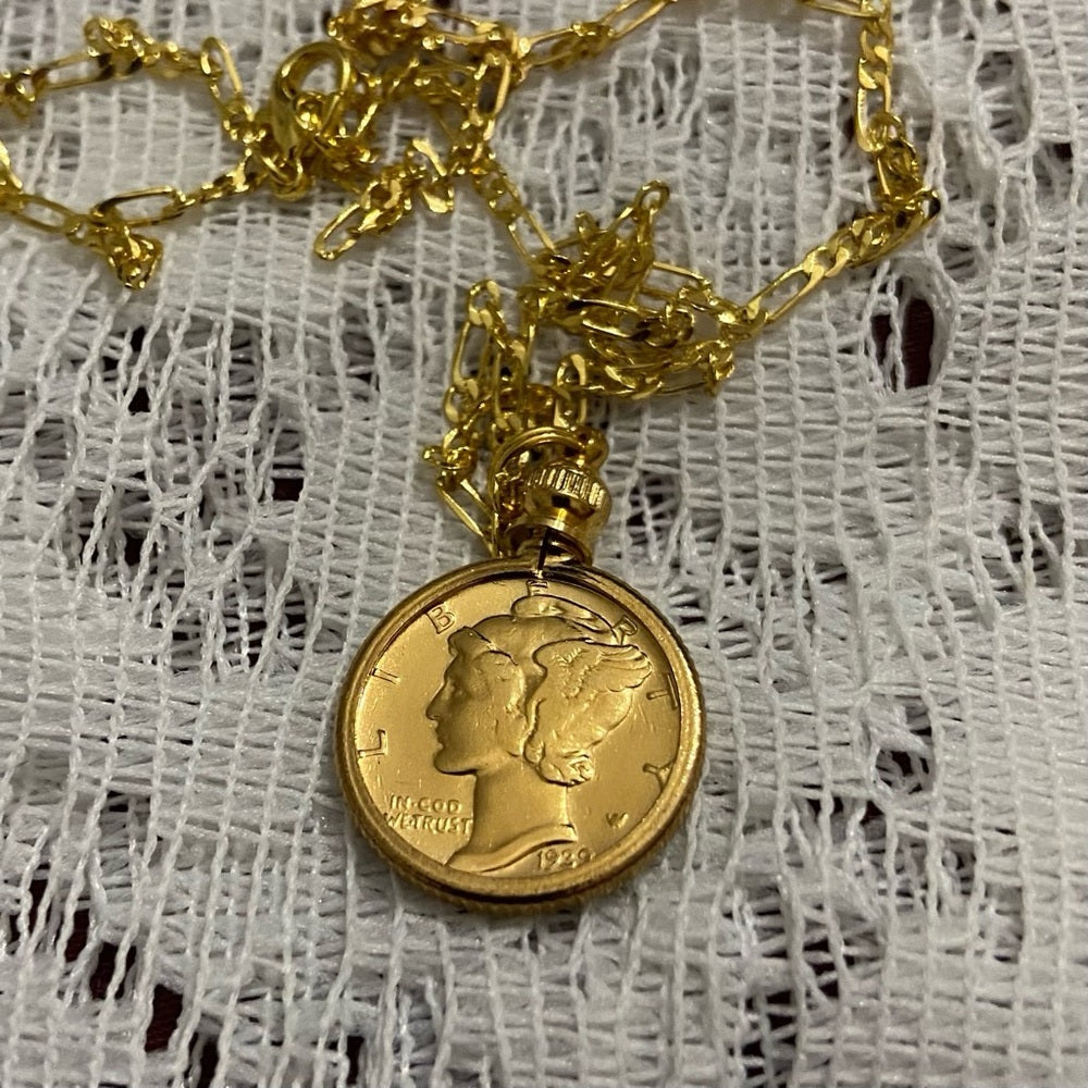 Authentic 1929 Silver Mercury Dime, Gold Plated with  18-inch Gold Fille…