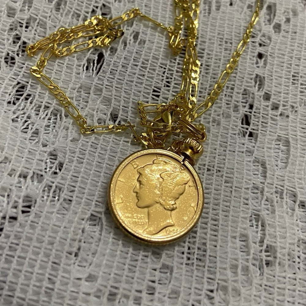 Authentic 1944 Silver Mercury Dime, Gold Plated with  18-inch Gold Filled Chain