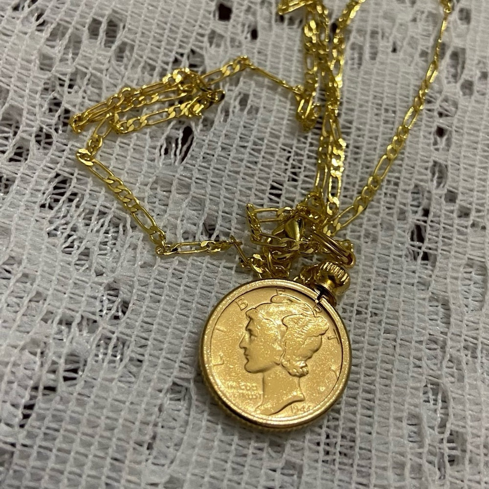 Authentic 1944 Silver Mercury Dime, Gold Plated with  18-inch Gold Filled Chain