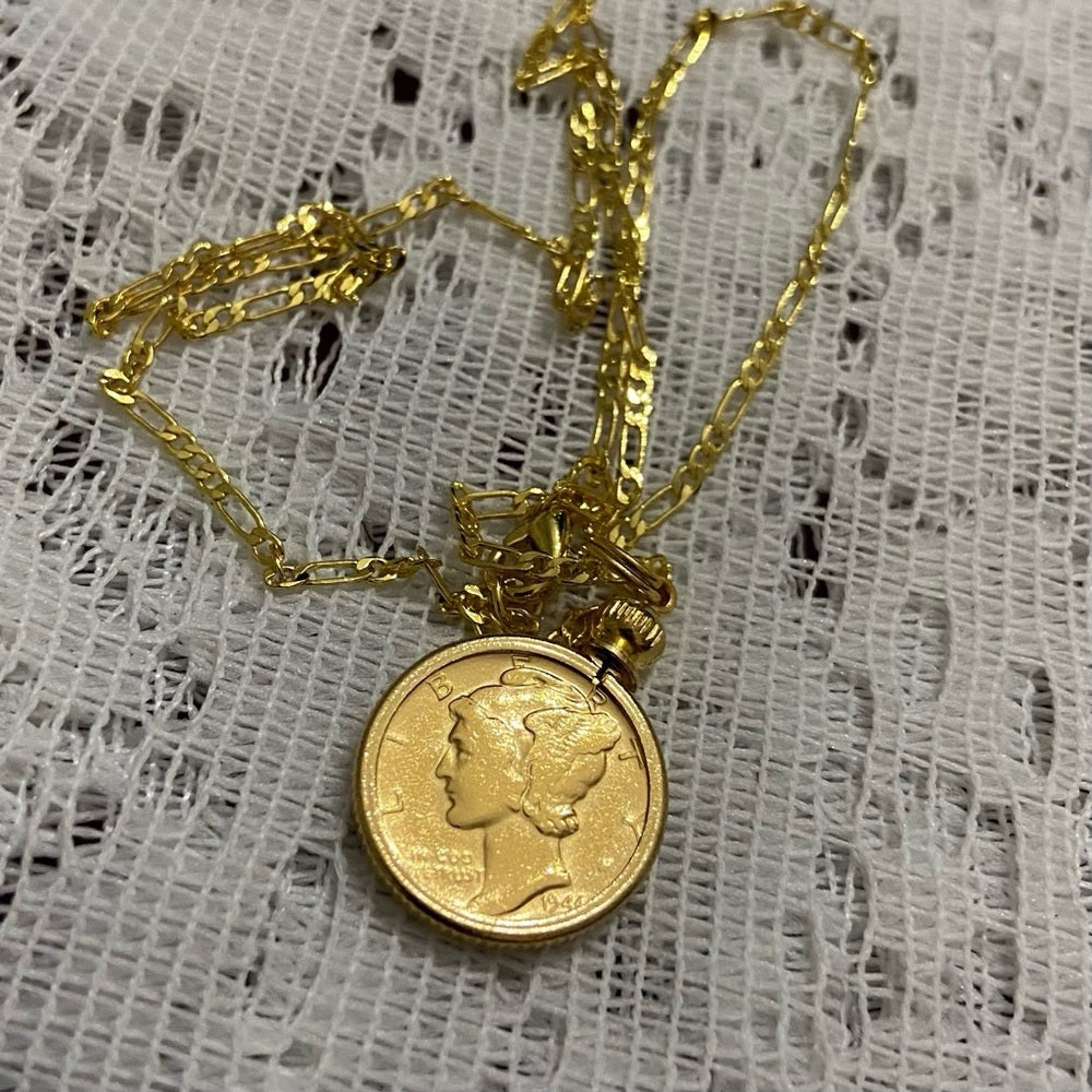Authentic 1944 Silver Mercury Dime, Gold Plated with  18-inch Gold Filled Chain