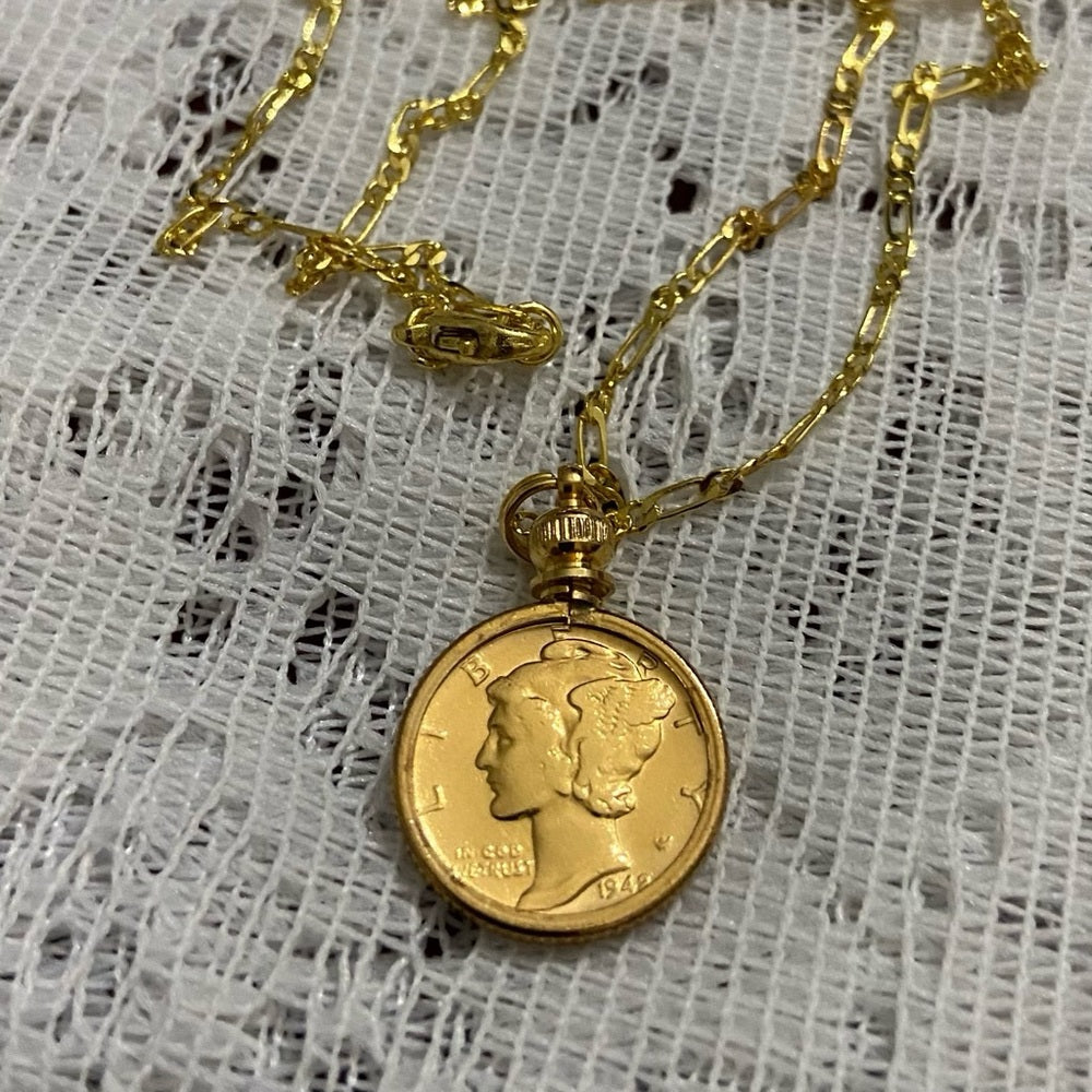 Authentic 1943 Silver Mercury Dime, Gold Plated with  18-inch Gold Fille…