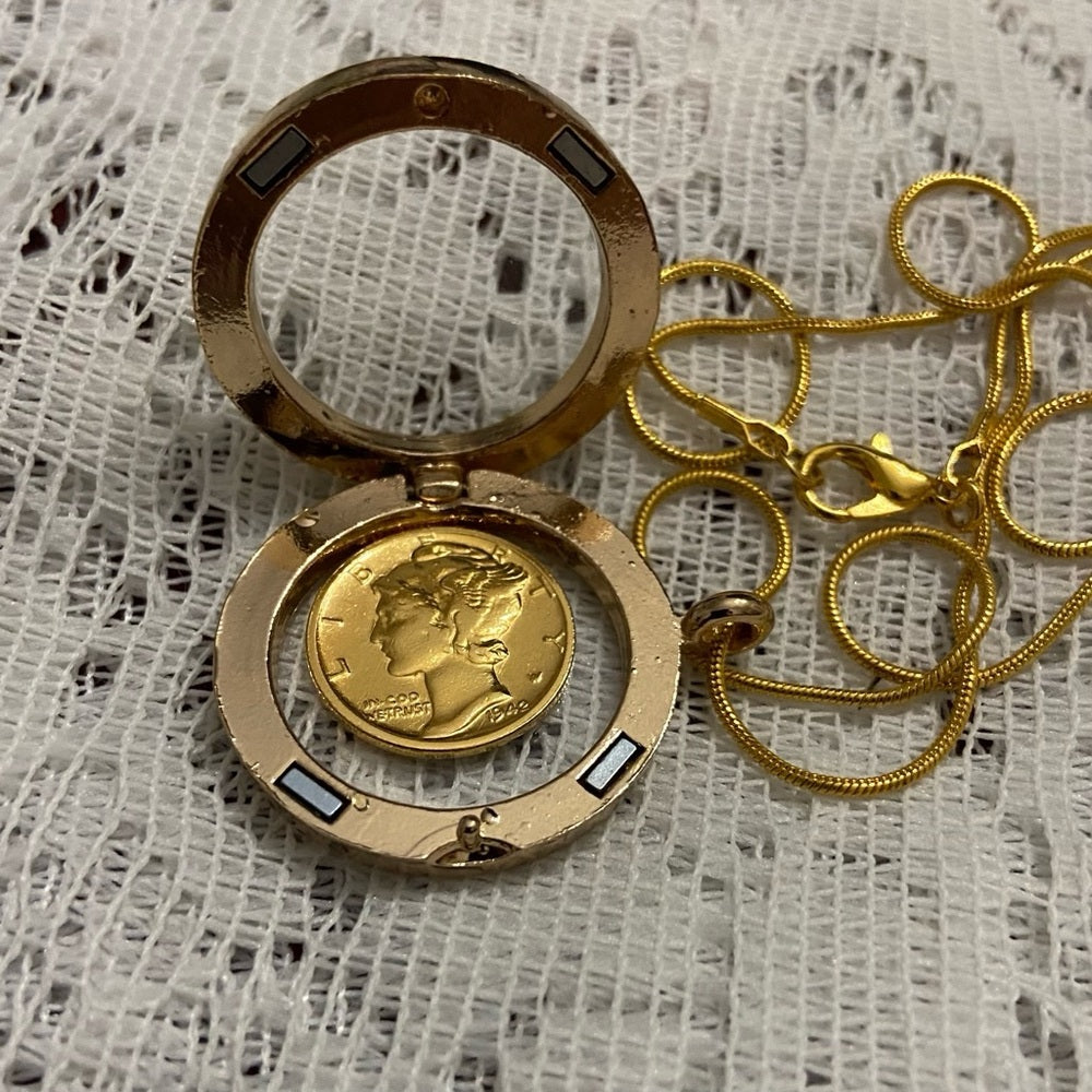 Authentic 1942 Silver (Vermeil) Mercury Dime, with  Locket and 18in Gold…