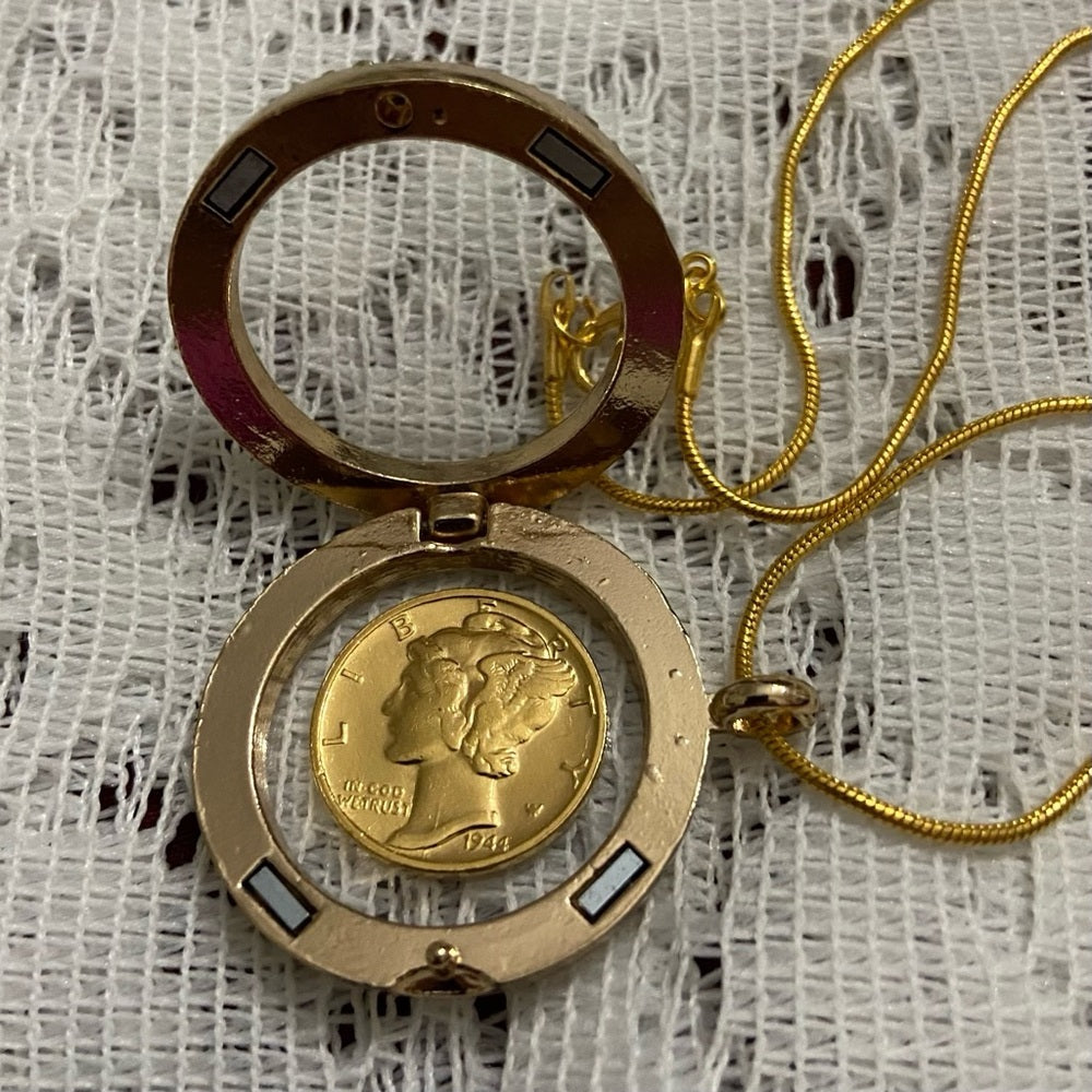 Authentic 1944 Silver (Vermeil) Mercury Dime, with  Locket and 18in Gold Chain
