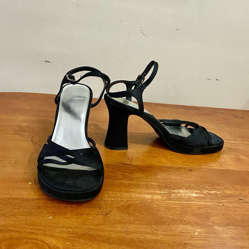 Black Sateen High Heel Sandals Size 8