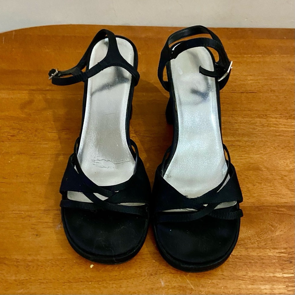 Black Sateen High Heel Sandals Size 8