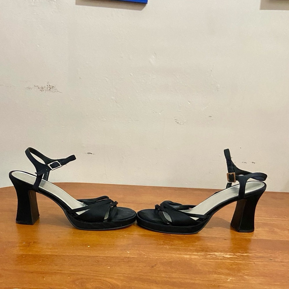 Black Sateen High Heel Sandals Size 8