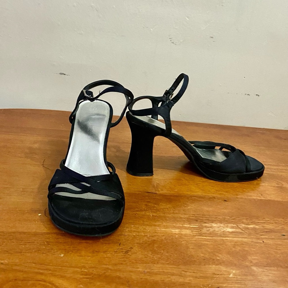Black Sateen High Heel Sandals Size 8