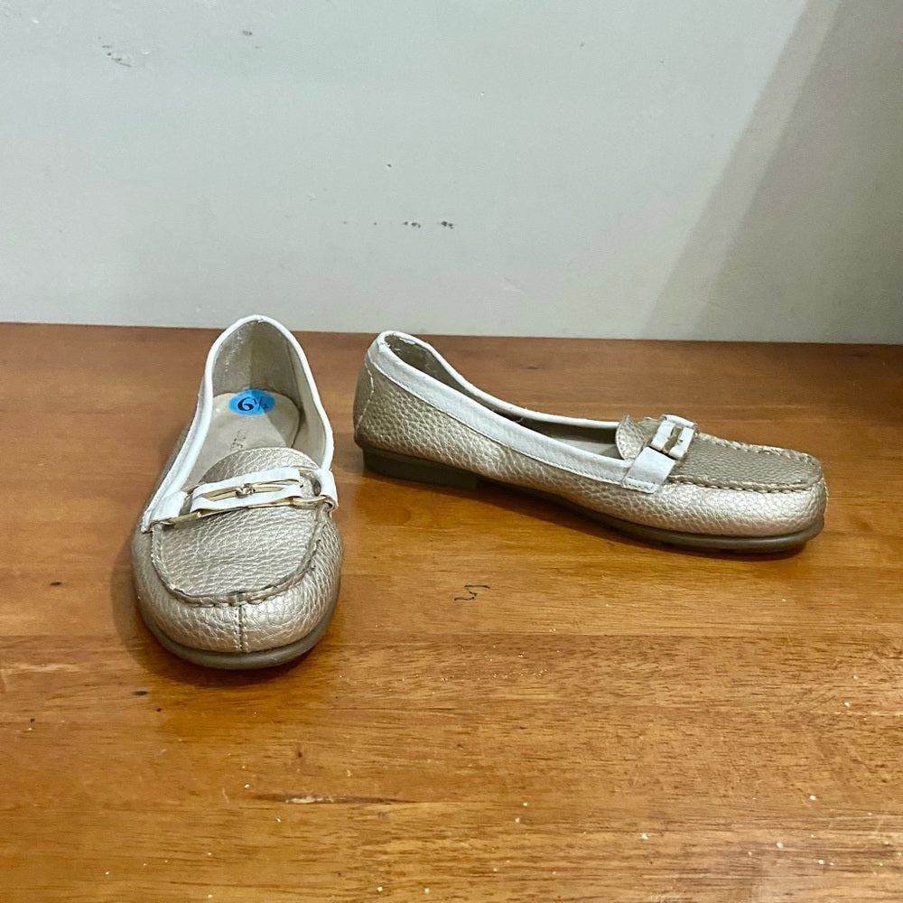 Aerosoles Gold and White Leather Moccasins-Loafers Size-6.5M