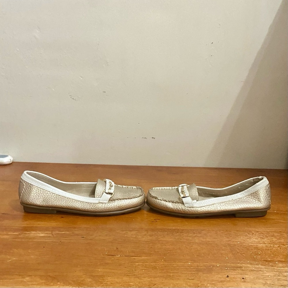 Aerosoles Gold and White Leather Moccasins-Loafers Size-6.5M
