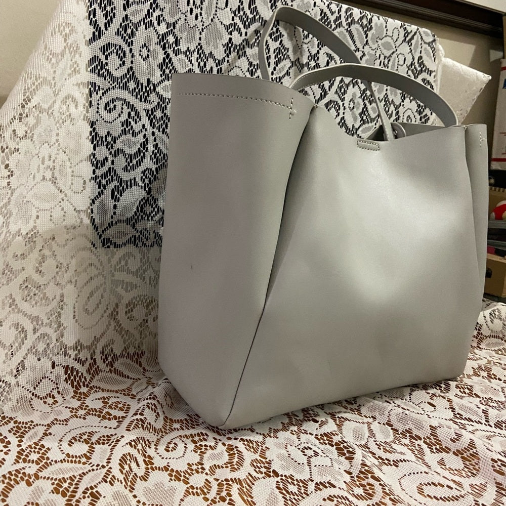 Large, Gray Faux Leather Tote 19in x 12in x 5in