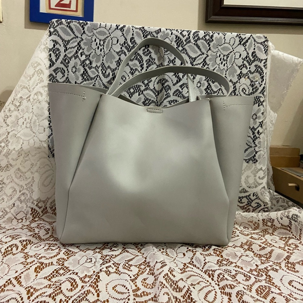 Large, Gray Faux Leather Tote 19in x 12in x 5in