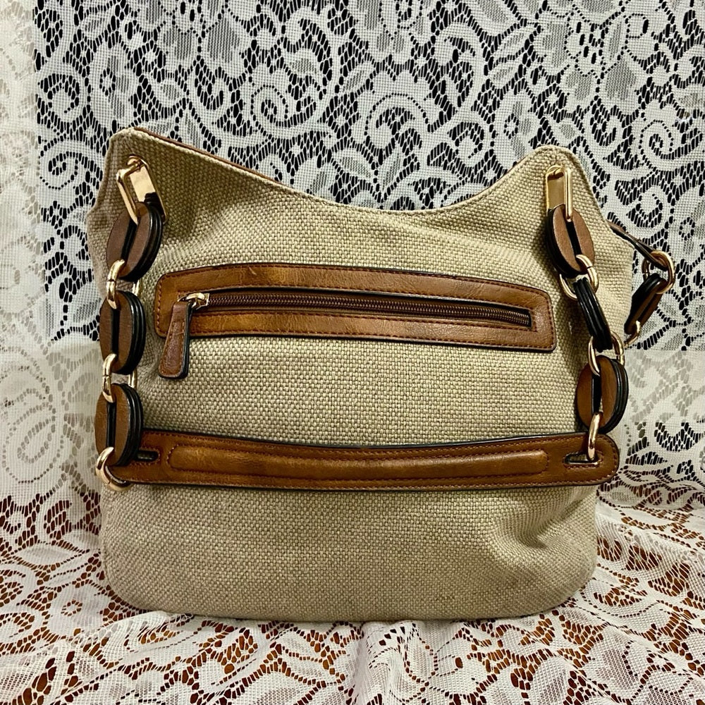 Clark’s Beige Linen-Canvas with Brown Leather Trim and Strap Shoulder Bag