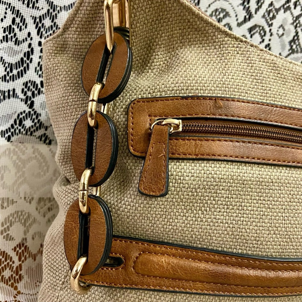 Clark’s Beige Linen-Canvas with Brown Leather Trim and Strap Shoulder Bag