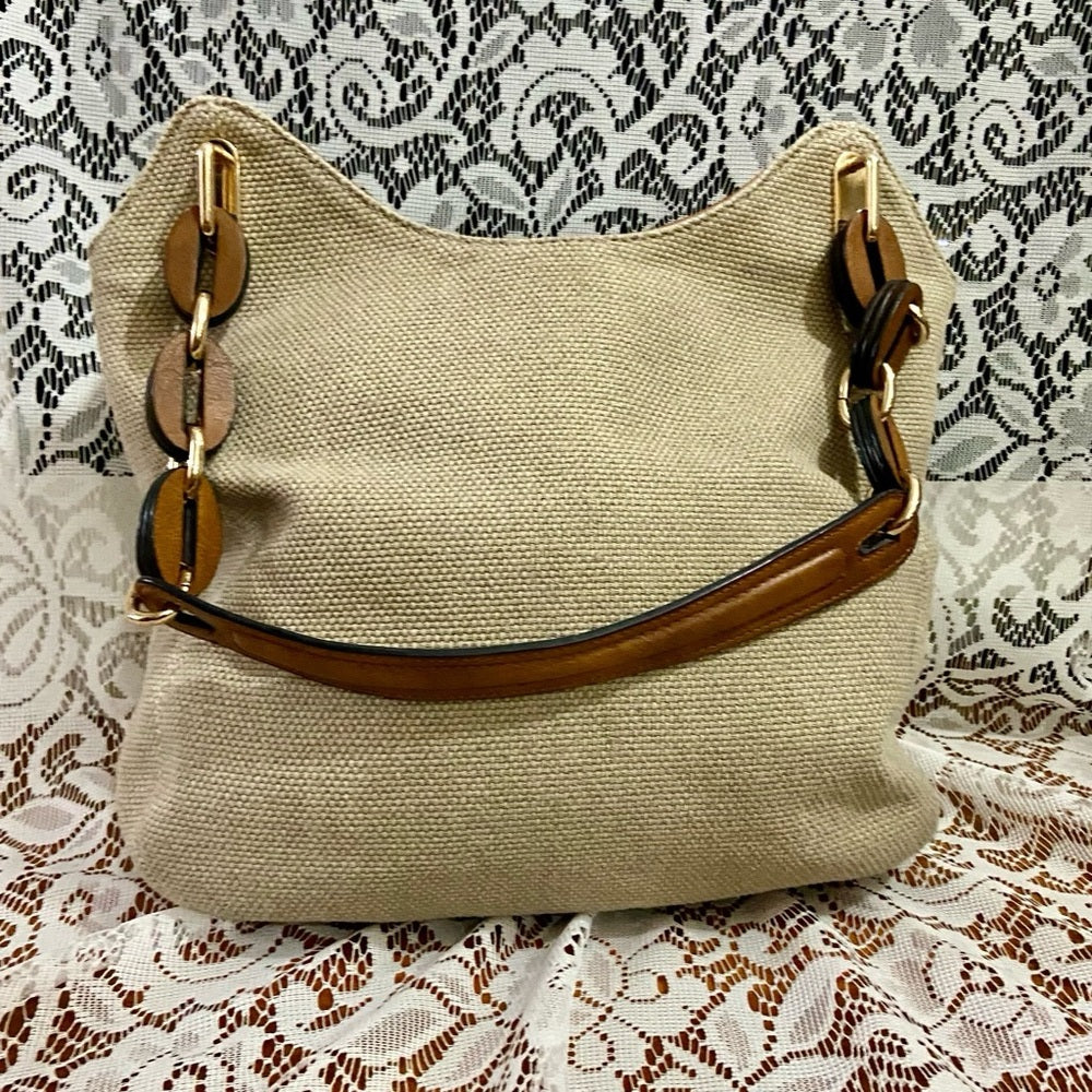 Clark’s Beige Linen-Canvas with Brown Leather Trim and Strap Shoulder Bag