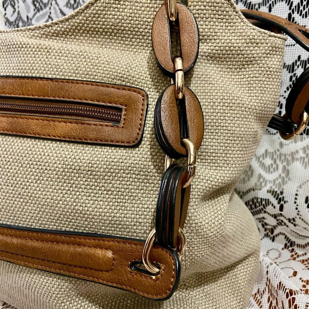 Clark’s Beige Linen-Canvas with Brown Leather Trim and Strap Shoulder Bag